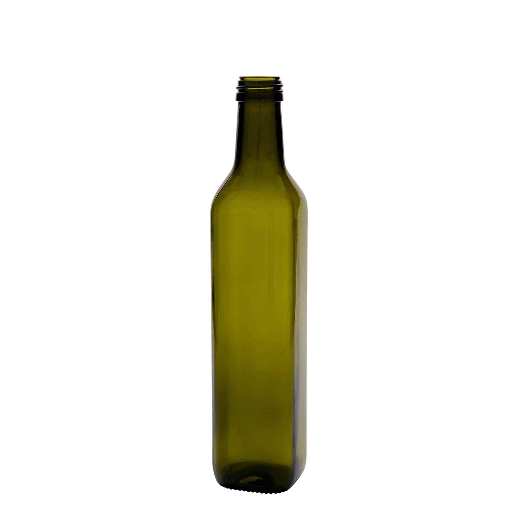 500 ml Garrafa de vidro 'Marasca', quadrada, verde antigo, boca: PP 31,5