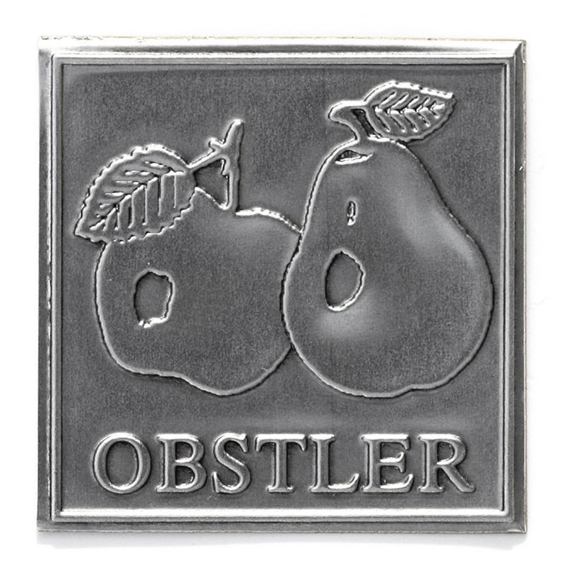 Etiqueta de estanho 'Obstler', quadrada, metal, prateado