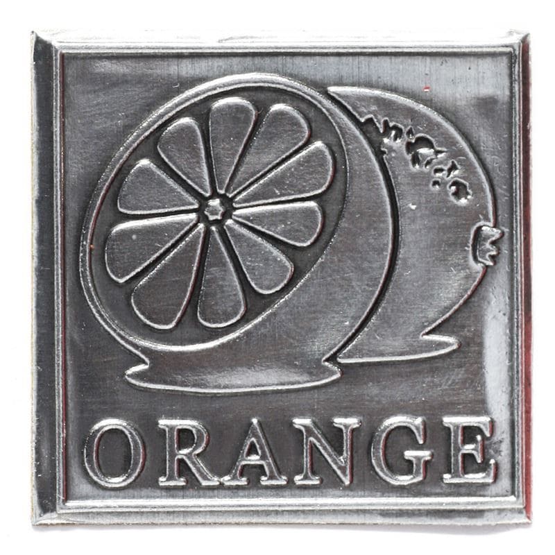 Etiqueta de estanho 'Laranja', quadrada, metal, prateado