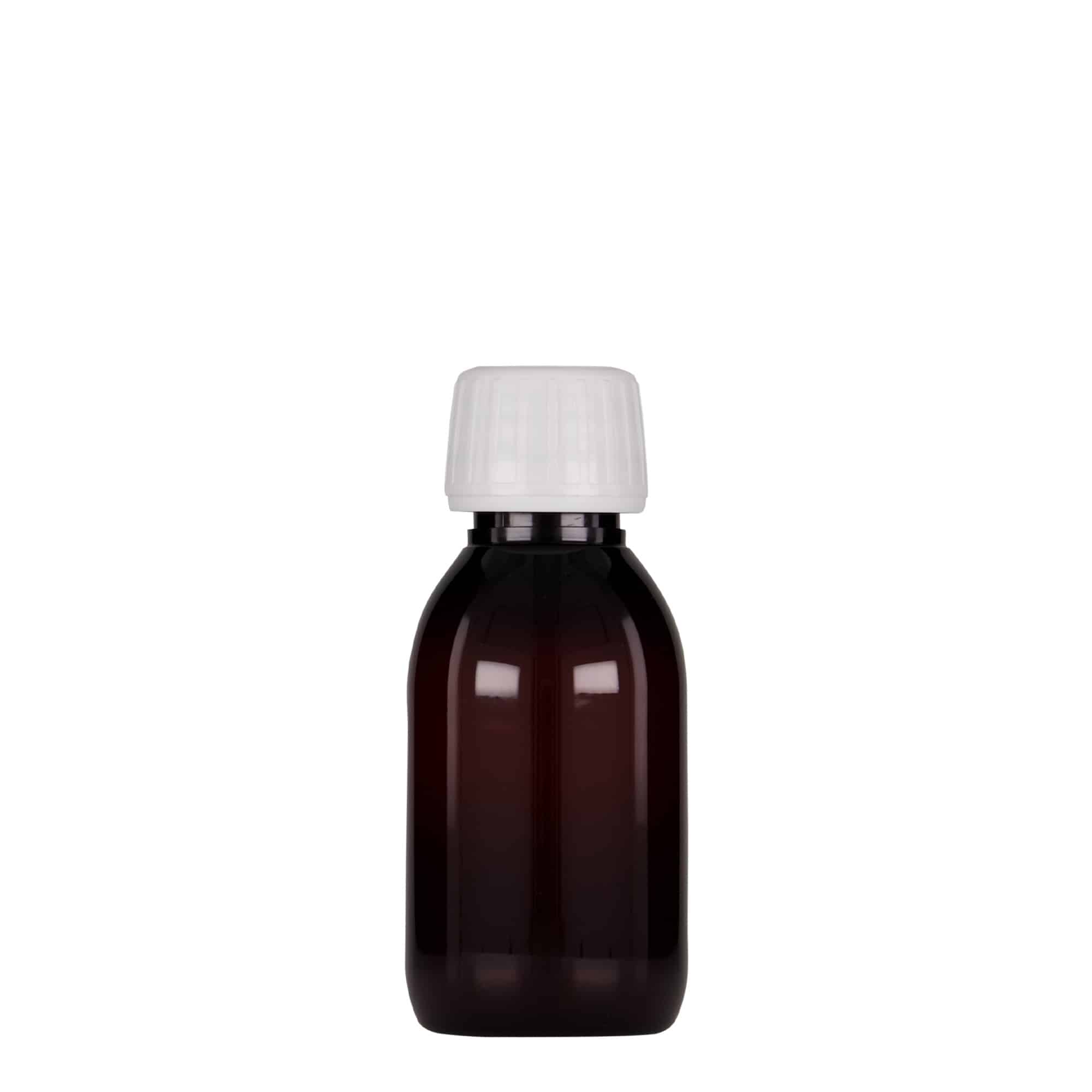 100 ml Frasco de medicamentos PET,  castanho, plástico, boca: PP 28