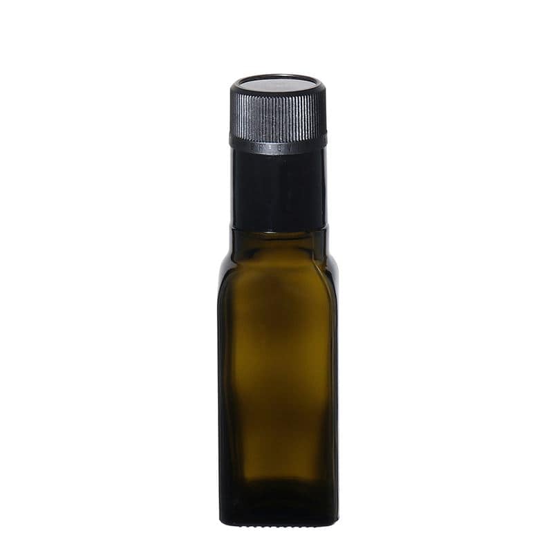 100 ml Garrafa para azeite e vinagre 'Quadra', vidro, quadrada, verde antigo, boca: DOP